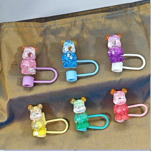 Cross-border ins style flash bear dust cap straw plug straw set cup decoration supplies suit