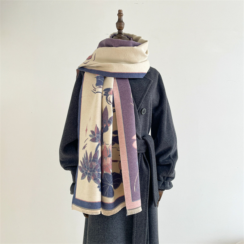 Kaschmir hand fühlen frauen, herbst und winter Chinesischen stil lotus teich warm i mitation kaschmir schal, dicken doppelseitigen_voghion.com