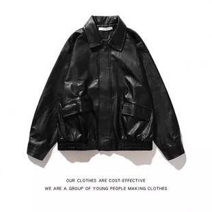 Pilot motorcycle leather jacket retro men's loose 2023 autumn Korean style trendy black Ruan handsome leather jacket for men