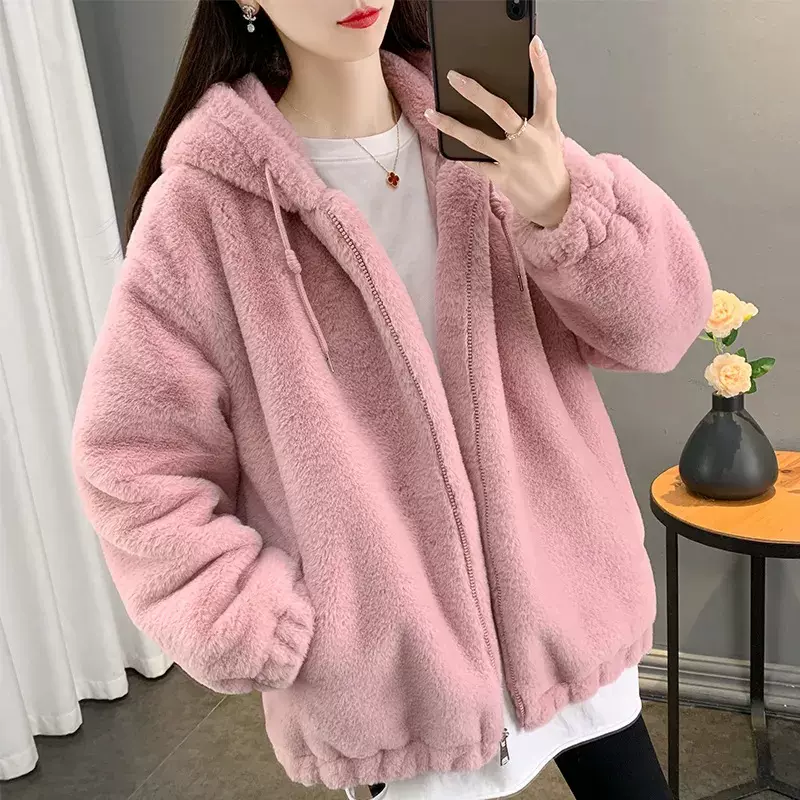 双面长毛绒女中长款宽松保暖加厚拉链大衣连帽冬季毛绒外套女跨境