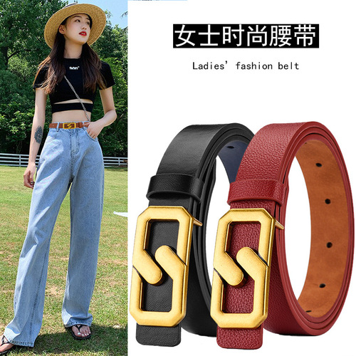 Belts for women with figure buckle, fashionable and simple, versatile belts for women, decorative, high-end jeans with thin Korean version, trendy black