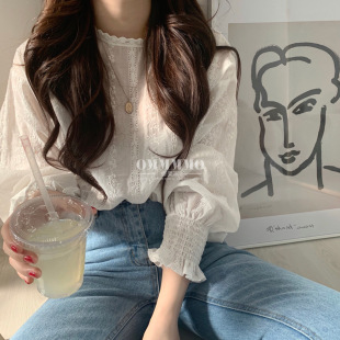 OMMMMO Korean Style Women's Top 2024 Summer New Cotton Shirt Super Fairy White Embroidered Lace Base Shirt