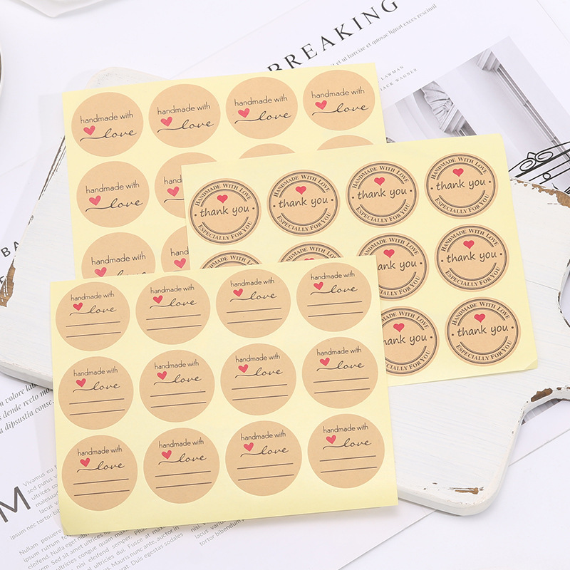 Cross-Border Foreign Trade Kraft Paper Self-Adhesive Round Stickers Thankyou Packaging Sealing Stickers Heart-Shaped Labels Decorative Stickers