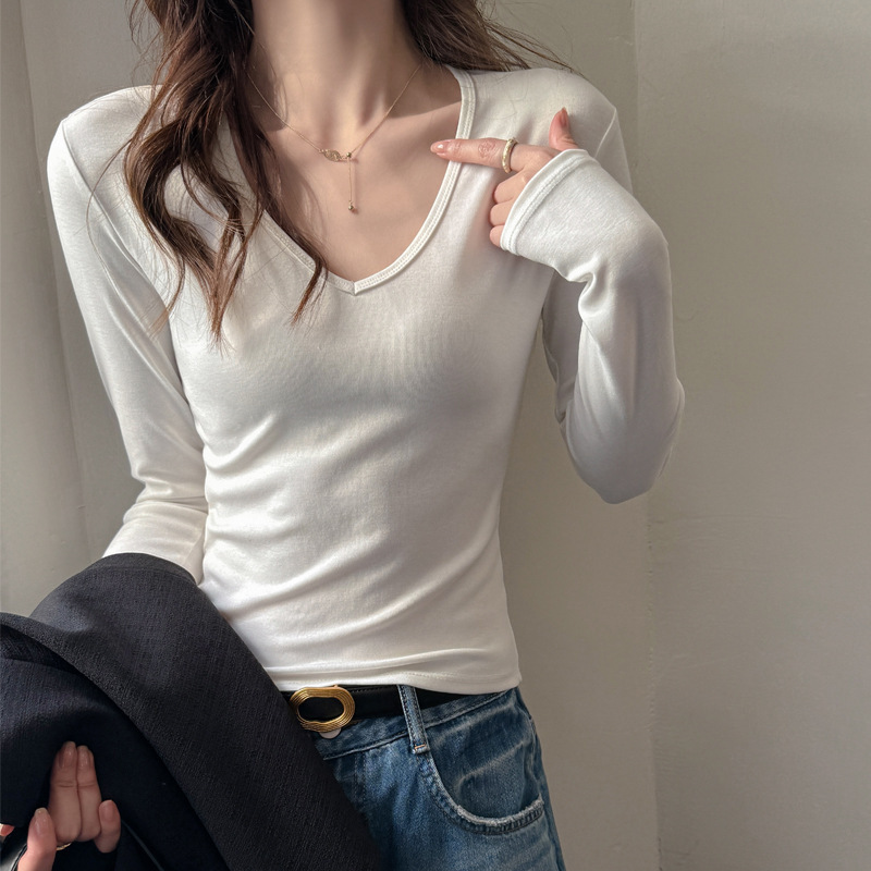 严选早秋纯色V领设计感打底衫女士新款正肩长袖体恤修身内搭上衣|undefined
