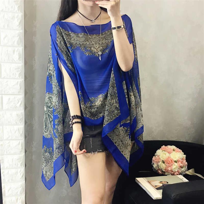 エスニックスタイルショール日焼け止め服女性のための夏の薄いマントシフォンシャツプリントスカーフレトロスタイル|undefined