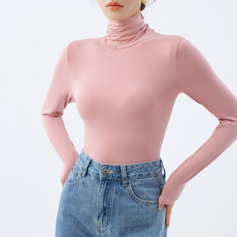 220g 모달 실크 터틀넥 파일 칼라 바닥 셔츠 새로운 가을과 겨울 단색 내부 긴 소매 여성용 티셔츠 탑