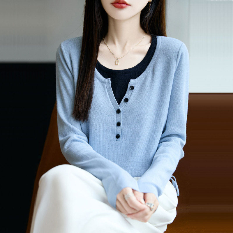 2025秋季新款假两件女士针织衫毛衣气质修身显瘦长袖上衣女A7124|undefined