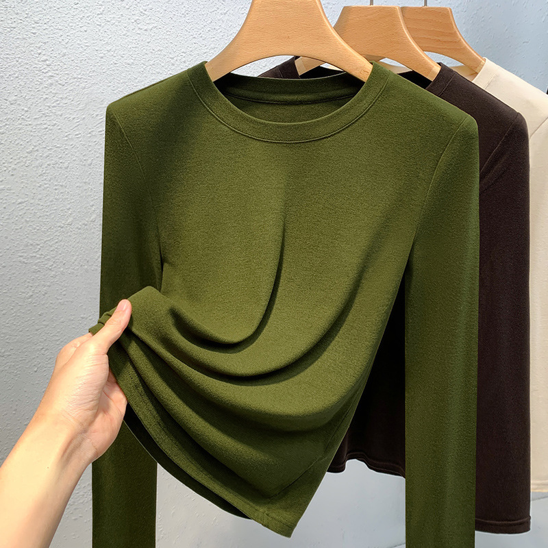 De terciopelo camisa de fondo para las mujeres 2023 nuevas color sólido cuello redondo aminoácidos piel inferior ropa caliente calefacción interior superior