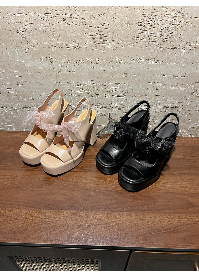 Sandal cao gót nữ hở mũi gót 12 cm đế platform quai dây ruy băng phong cách La Mã — màu đen, màu mơ chi tiết 15