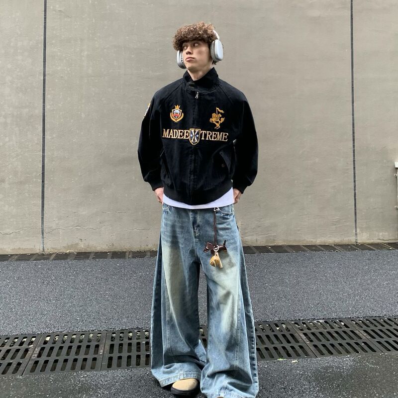 潮牌藏蓝色短款棒球服外套街头cleanfit美式复古夹克男宽松男外套|undefined