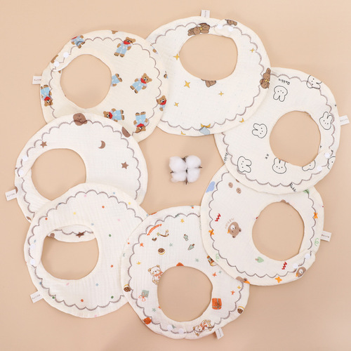 Round bib saliva towel six-layer cotton gauze absorbent cartoon bib baby baby maternal and child supplies wholesale