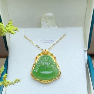 Fubei Diamond Jewelry [18K Gold Inlaid with Natural Hetian Jasper Buddha Pendant] Overall Size 27*22*7.7mm