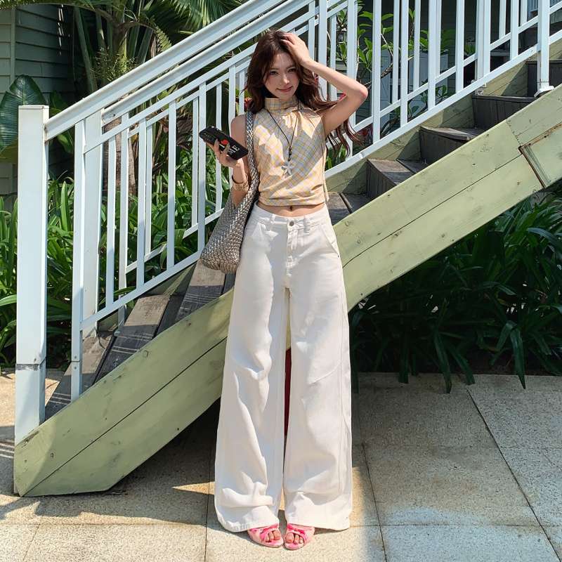 In-Stock Wholesale High-End American-Style White High-Waisted Designer Straight-Leg Jeans for Women, Loose Fit, Slimming, Floor-Length Wide-Leg Pants In-Stock Wholesale High-End American-Style White High-Waisted Designer Straight-Leg Jeans for Women, Loose Fit, Slimming, Floor-Length Wide-Leg Pants