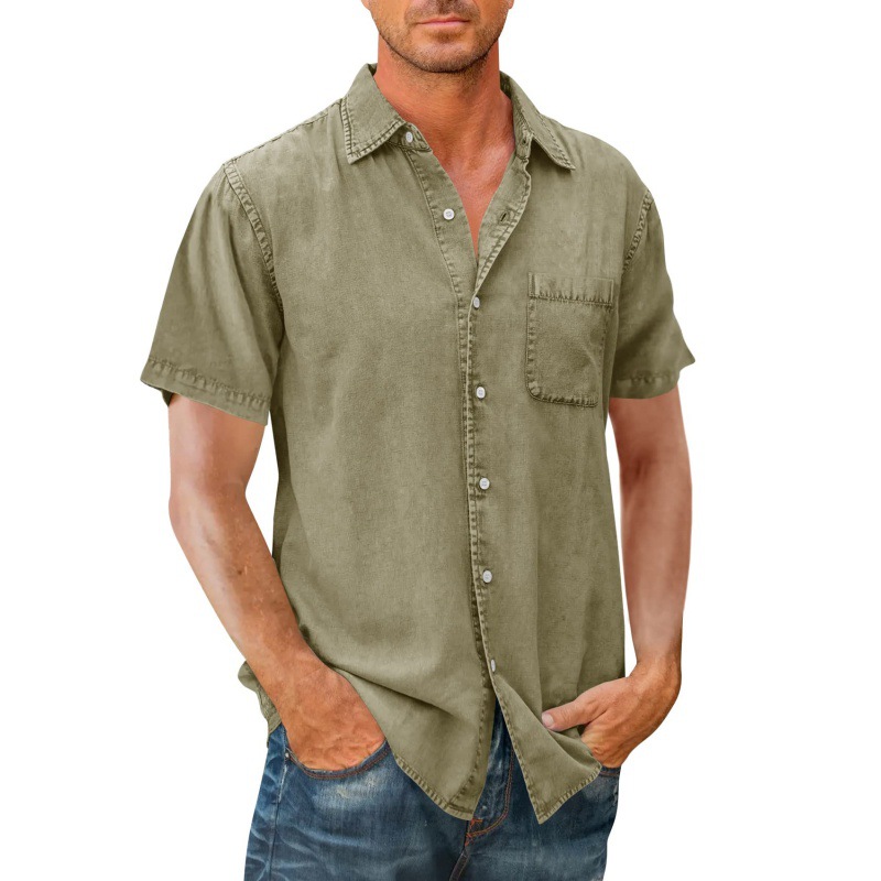 2023 Summer lapel solid color Amazon new pocket single-breasted Shirt men's short sleeve wash shirt top