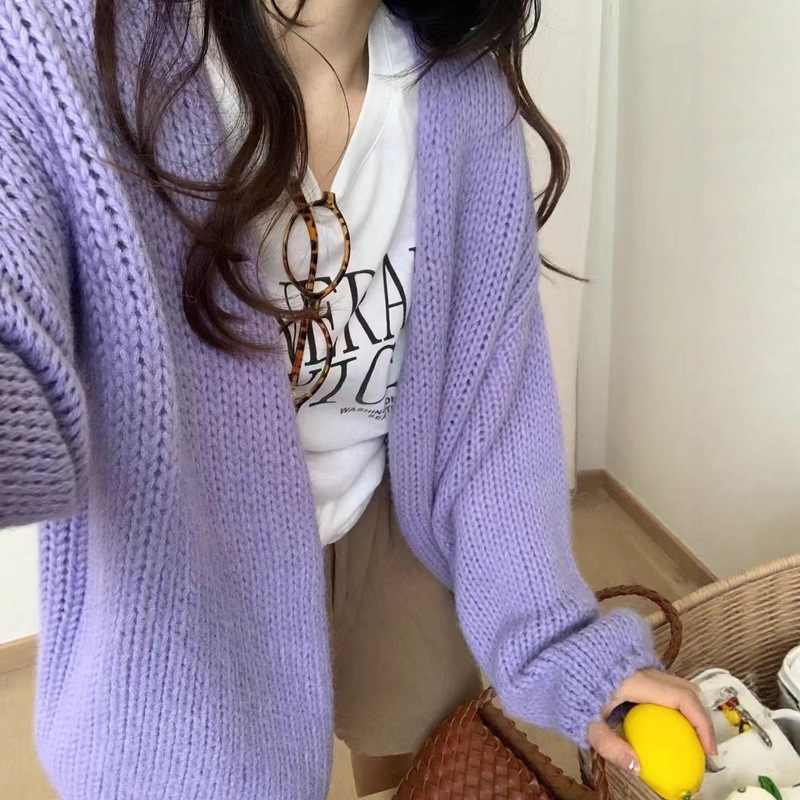 韩系秋冬新款宽松纯色粗针v领简约灯笼袖毛衣开衫长袖开衫外套|undefined