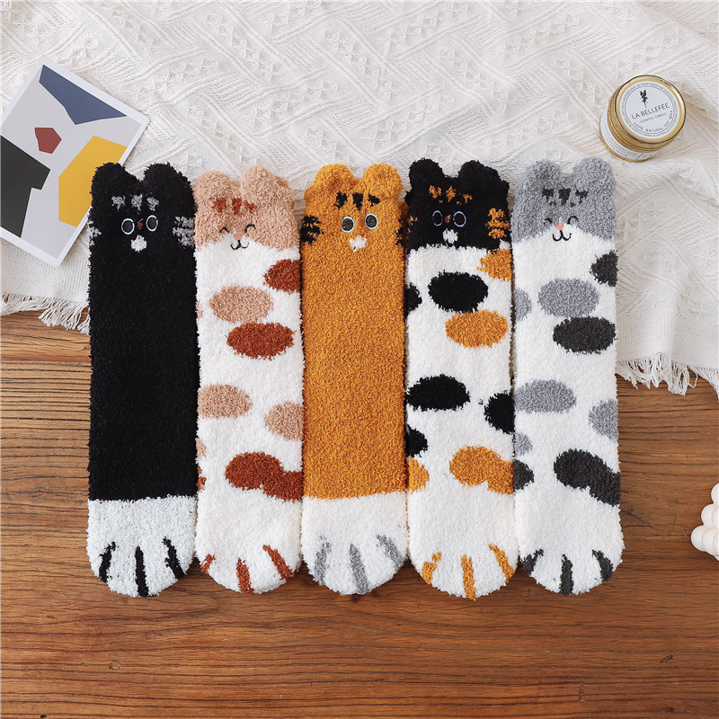 Cross-Border Hot Selling Coral Velvet Socks, Warm Winter Cat Claw Sleeping Socks, Winter Plush Fluffy Mid-Calf Socks, Cute Christmas Gifts for Women