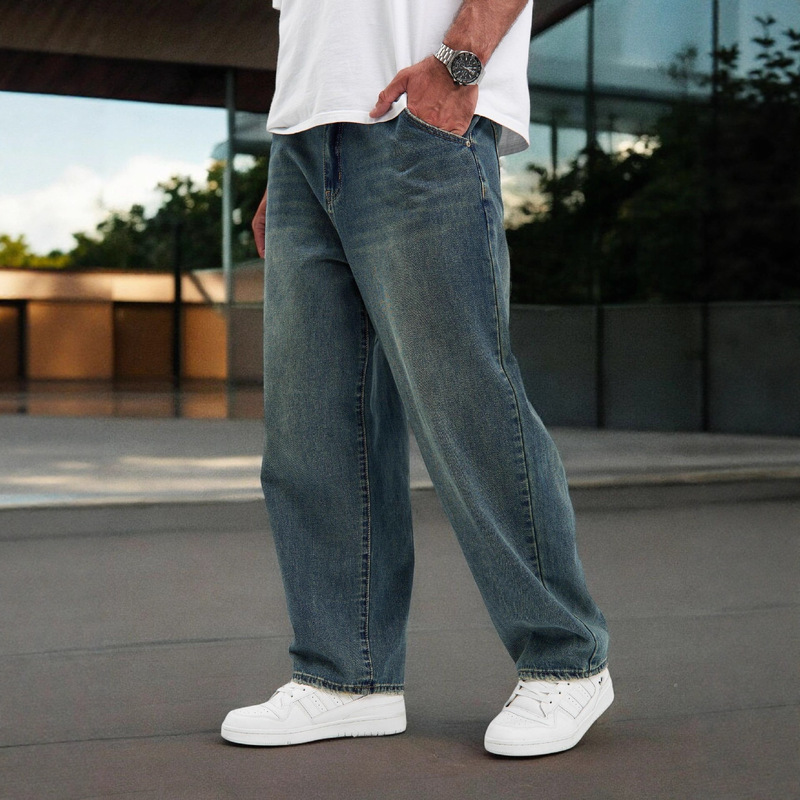 Cross-Border Jeans Men's Summer and Autumn Semi-Elastic Distressed Retro Loose Straight Casual Pants Джинсы