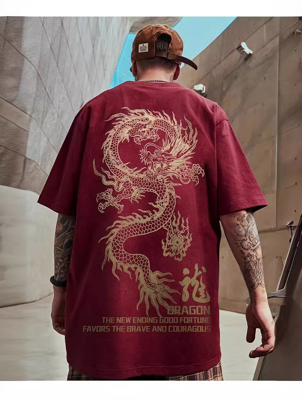 本命年紅国潮半袖tシャツ男2024年夏新作龍年大サイズ上服潮牌半袖|undefined