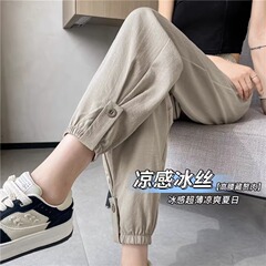 夏用女性用コットンとリネンのスウェットパンツ、薄手、ハイウエスト、ゆったり、大きいサイズ、9点レギンス、万能ハーレムワークウェアパンツ、トレンディ