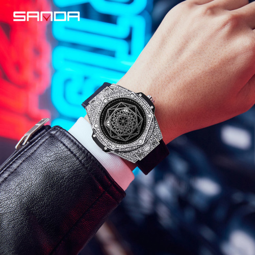 New 7034 Men's Belt Watch with Diamond-embellished Dial, Night Light, Waterproof, Creative Automatic Mechanical Wristwatch