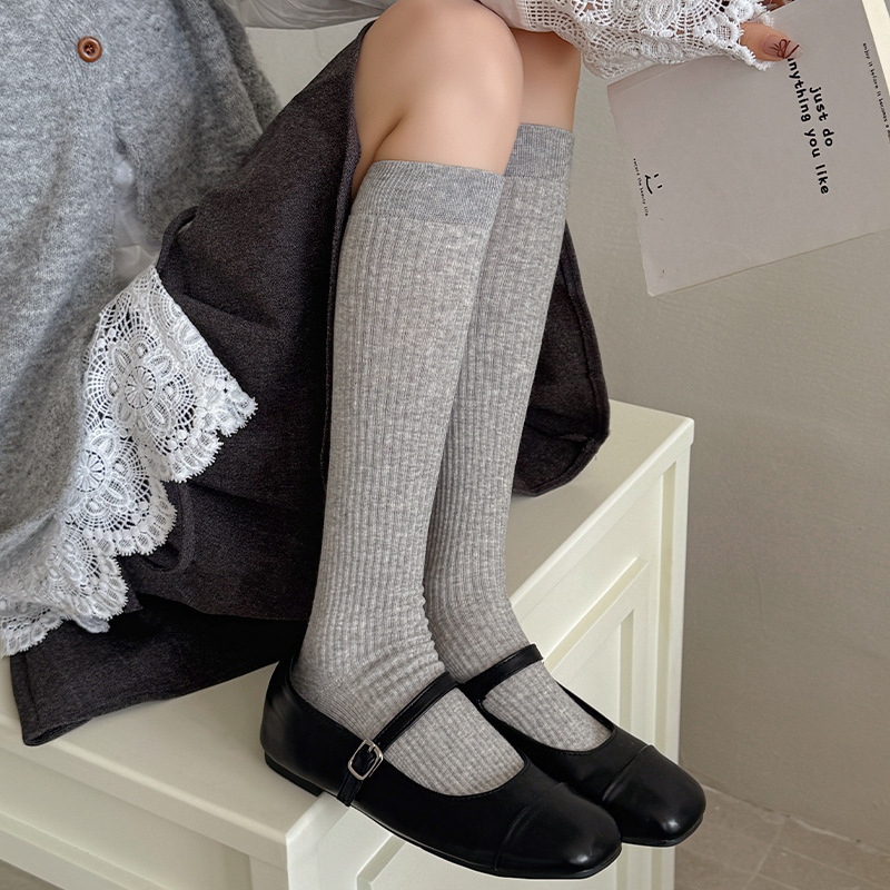 小腿袜子女2025秋季新款纯色抽条堆堆袜韩系百搭灰色袜子配小皮鞋|undefined