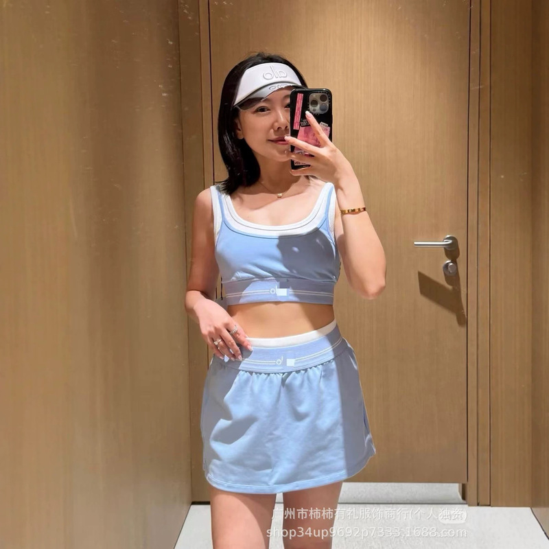 alo26 new yoga tank top and short skirt set for fitness, sports, and running with chest pads, underwear, and bra two-piece yoga set alo26 new yoga tank top and short skirt set for fitness, sports, and running with chest pads, underwear, and bra two-piece yoga set