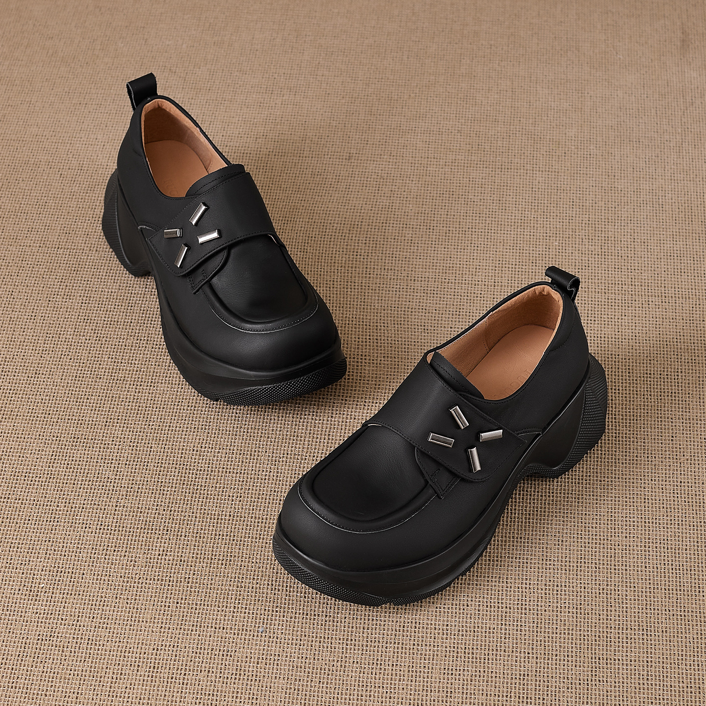 Giày lười nữ mũi vuông đế cao gót 5 cm da bò mềm — đen