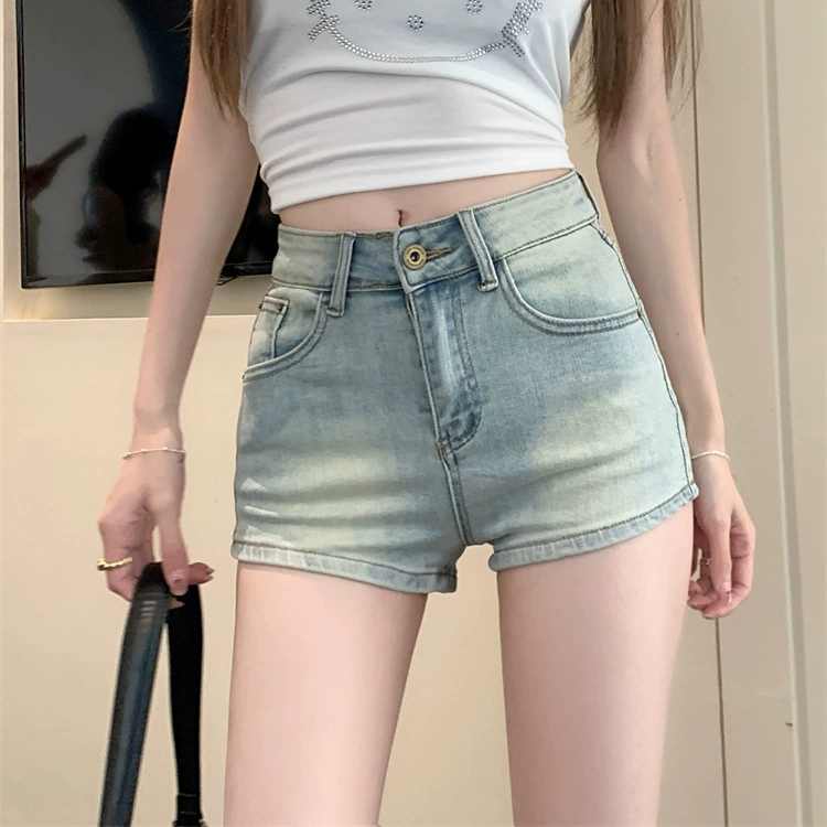 Голубые джинсовые ультра шорты, женские летние ретро повседневные прямые брюки с высокой талией, сексуальные узкие брюки на бедрах