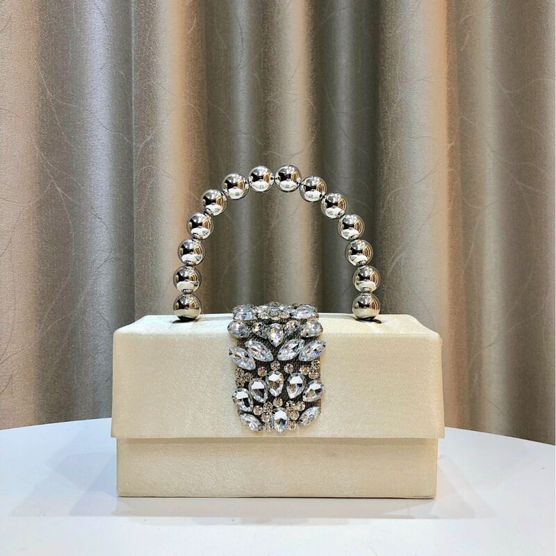 New French-Style Shiny Rhinestone Small Square Bag, Banquet Silk Satin Pearl Box Bag, Hand-Held Crossbody Bag