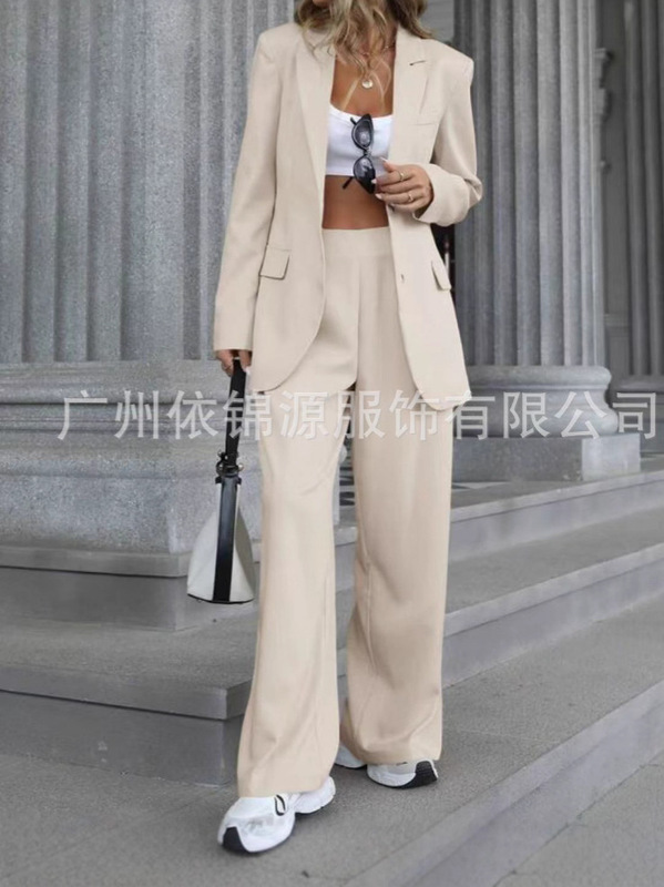 2025欧美外贸女装气质优雅纯色翻领西装插袋直筒裤套装|undefined