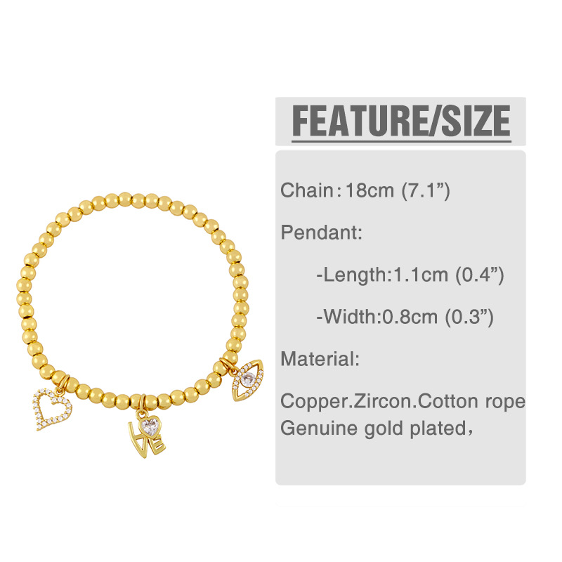 Fashion Letter Eyes Round Beads Copper Plated Elastic Bracelet