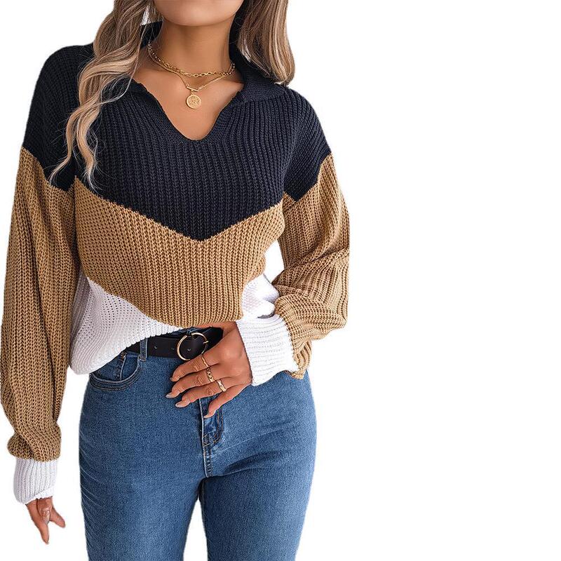 Ins Style Real Shot 2023 Fall/Winter Leisure V-Neck Contrast Color Long Sleeve Knitted Pullover Sweater Independent Station Cross-border Women's Wear
