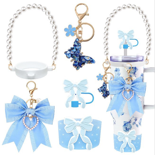 Accesorios de taza Stanley colgante de cuerda de mano flor de silicona gorra de paja de peluche colgante de taza cadena de taza de color cubierta de taza