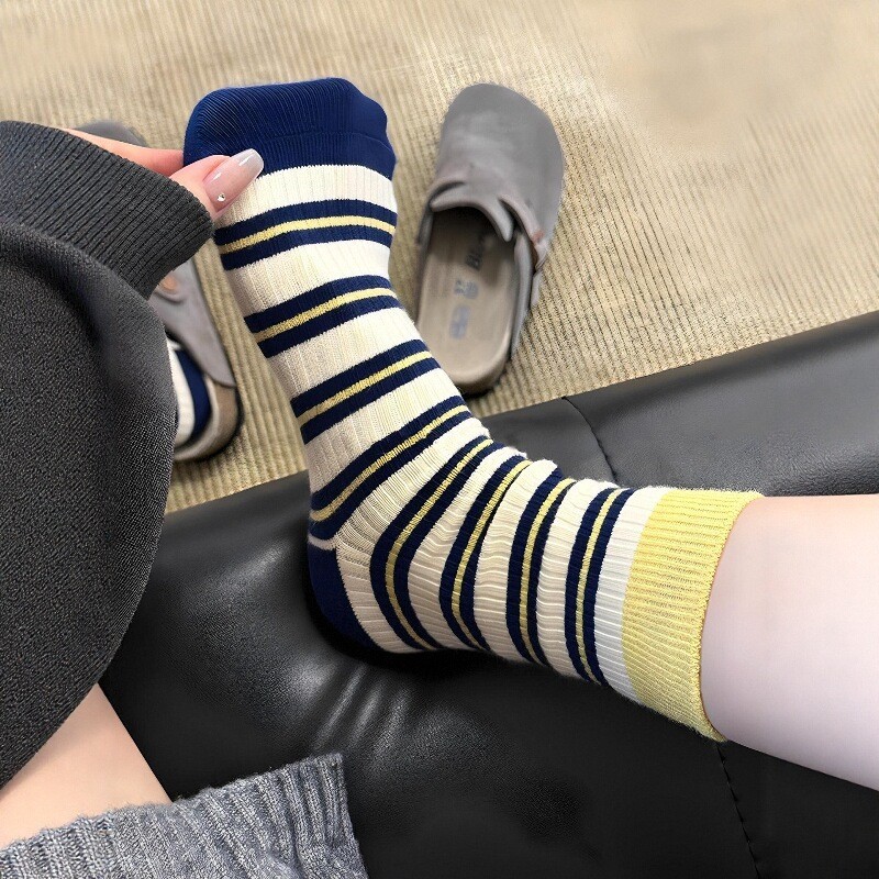 美拉德复古条纹袜子女春秋款纯棉中筒袜ins潮日系堆堆袜长袜棉袜|undefined