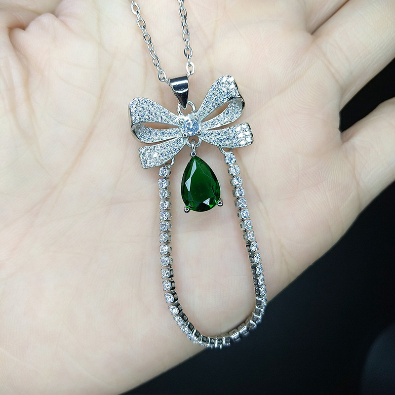 Sweet Water Droplets Bow Knot Copper Inlay Zircon Necklace 1 Piece