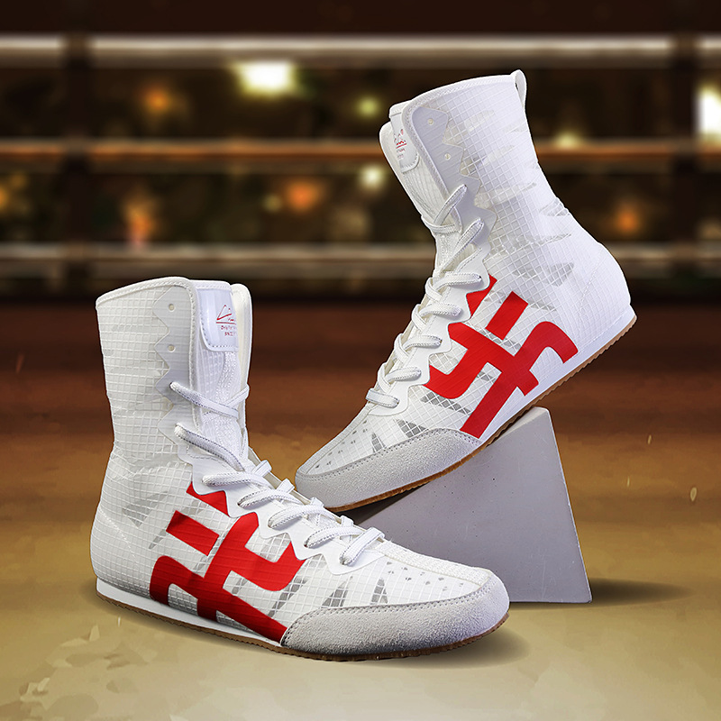 Boxing shoes, high-top long boots for men, suitable for sparring and combat, professional training, lightweight, non-slip boxing shoes, white