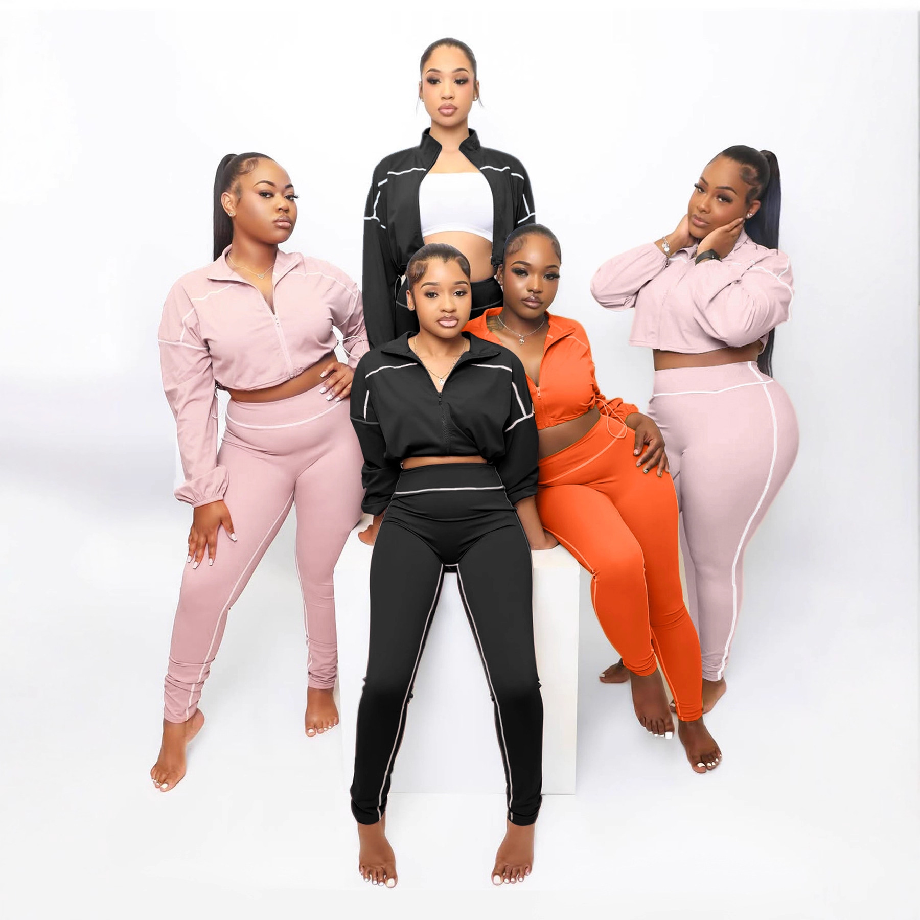 S391388 时尚休闲运动套装  女士春秋纯色长袖拉链女装显瘦两件套