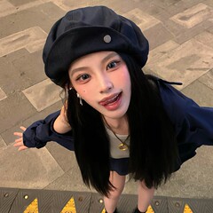 港风黑色贝雷帽女夏季小众设计感百搭画家帽大头围云朵八角帽子潮