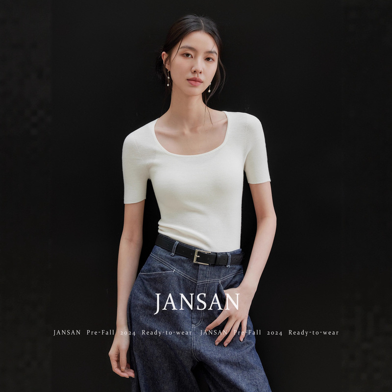 Jansan Yangtze 60-Count Imitation Wool Square Collar Design Slim Knitted Bottoming Short-Sleeved T-Shirt for Women
