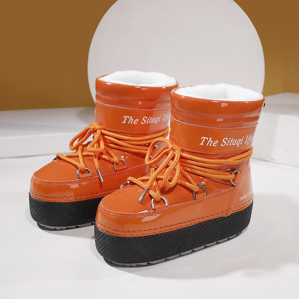 Inventario personalizado multi-color brillante padres niños niños hombres y mujeres nieve gruesa base espacio luna botas gruesas impermeables antideslizantes y cálidas
