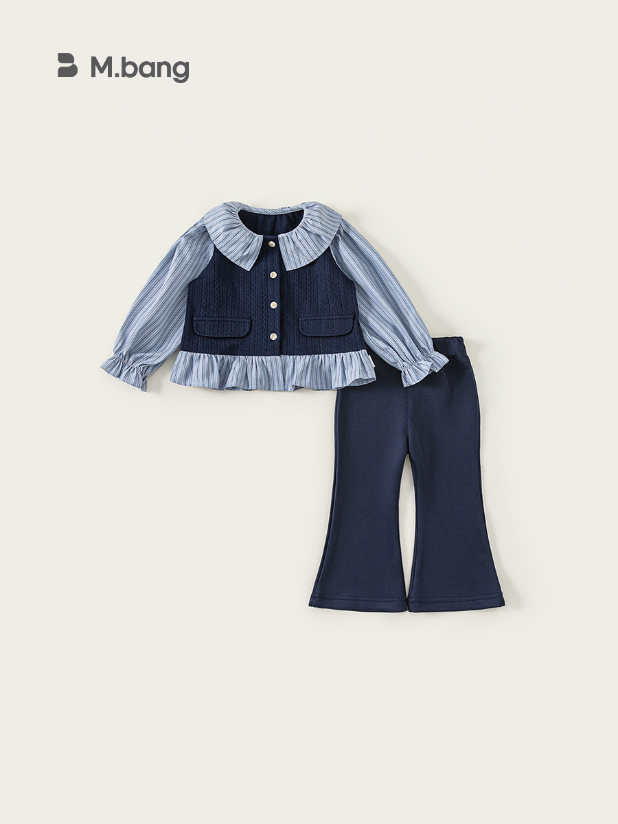 Ropa infantil Youbao, conjunto para niñas, estilo coreano de primavera y otoño, top con efecto de dos piezas y pantalones acampanados de manga larga, conjunto de dos piezas. image 1