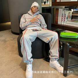 SUP25FW美式街头嘻哈撞色线字母刺绣明线连帽卫衣卫裤运动套批发