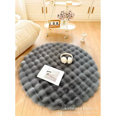 Cream-Colored Rabbit Fur Round Carpet, Car Carpet - gray-diameter-30cm-round