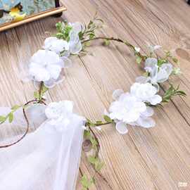 森系藤条花环头饰婚礼写真手工缎布白色花环清新简约新娘头纱花环