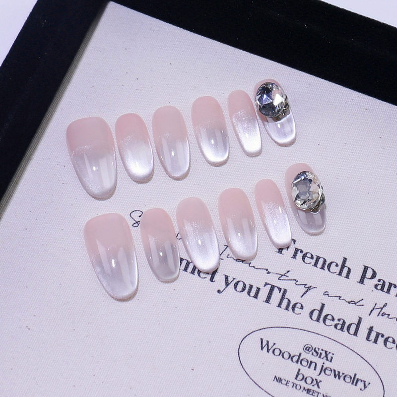 Pure hand-worn nail piece high-grade pink gradient nail art patch large diamond light luxury temperament white fake nails
