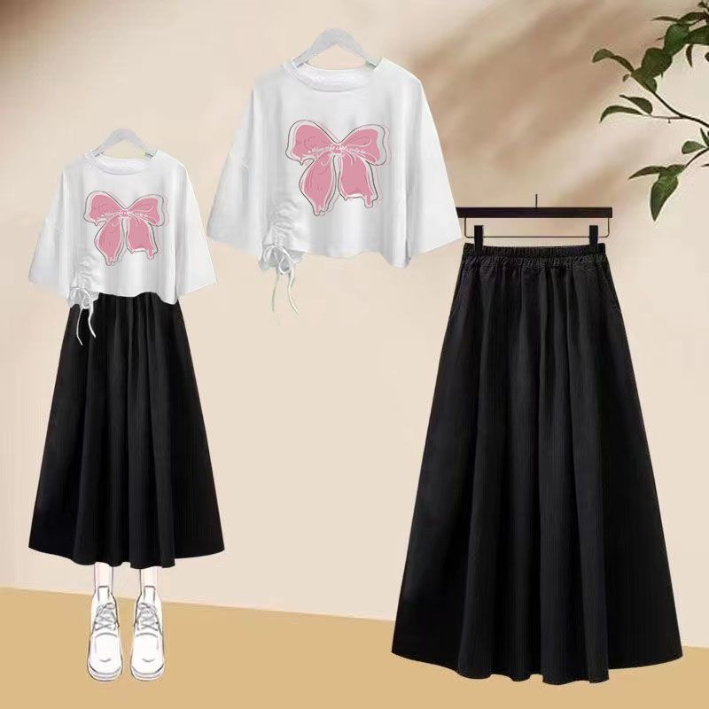 シングル/セット 女の子 2023 夏服 韓国風 カジュアル Tシャツ+スカート 中学生・小学生向け 2点セット|undefined