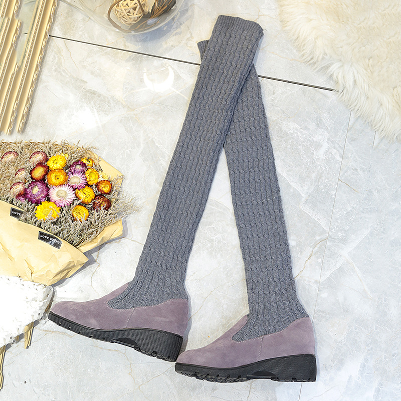 New women's boots knitted wool high flat over the knee elastic boots_voghion.com