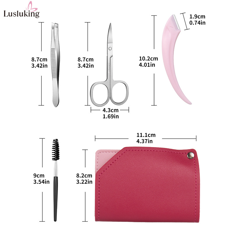 로즈 핑크 가죽 커버 + 눈썹 수리 도구 4 종 세트