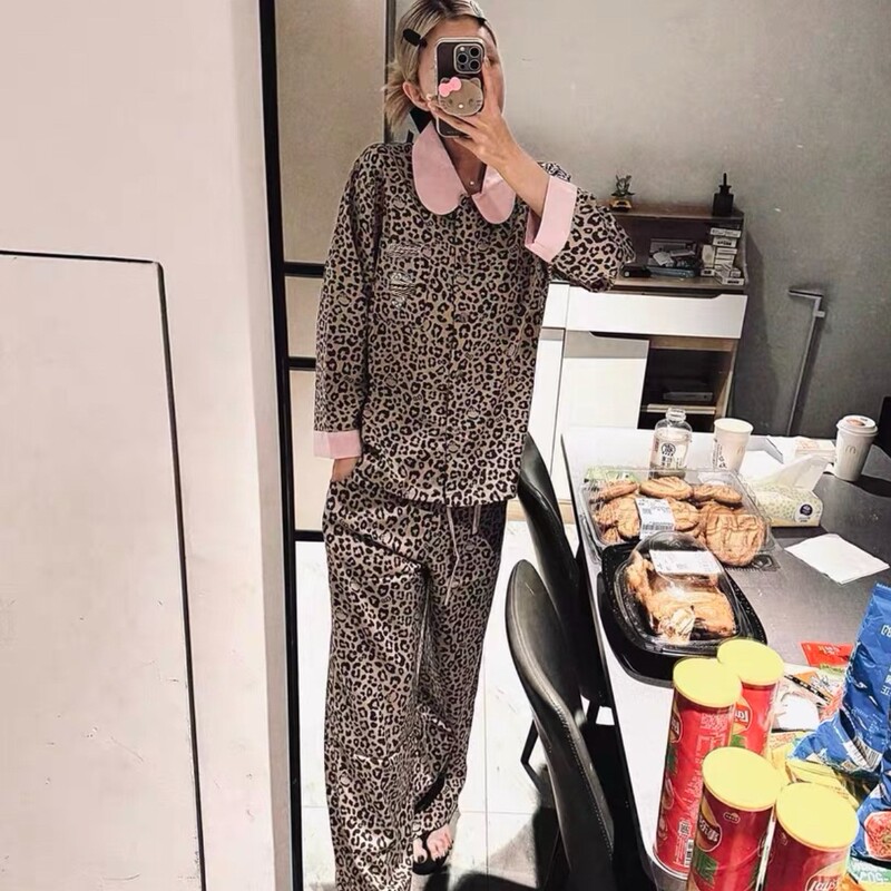 25Ss Leopard Print Women's Spring and Autumn New Fashionable Long-Sleeved Tencel Cotton Loungewear Set That Can Be Worn Outside Women's Pajamas