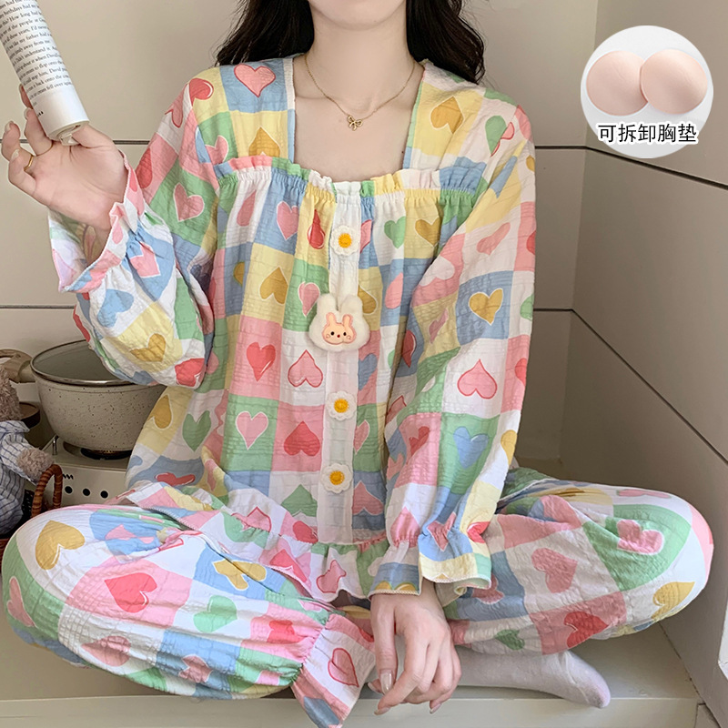 云朵棉睡衣女春秋季新款带胸垫花边长袖长裤公主风卡通家居服套装|undefined